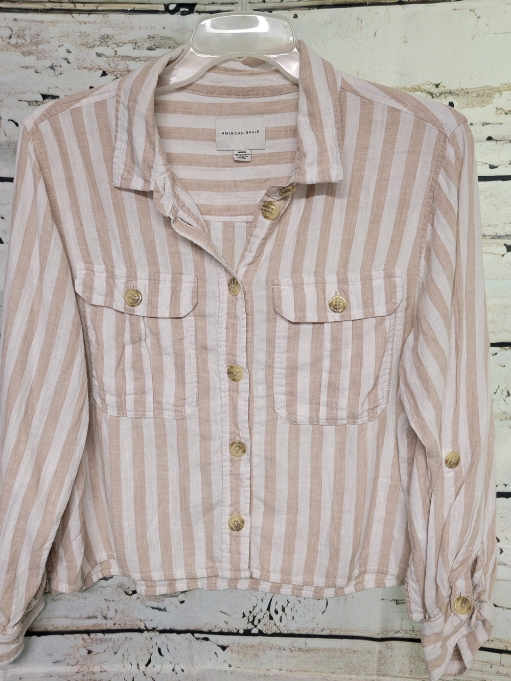 American Eagle Striped Linen Blend Button Front Shirt Beige White Medium
